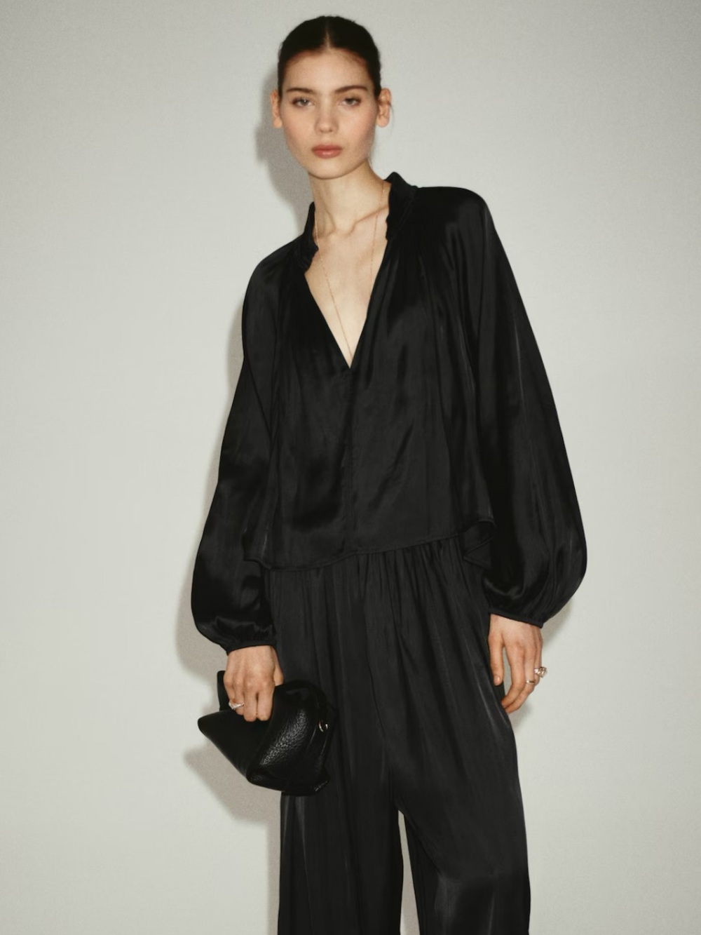 Women's Black Balloon-Sleeve Blouse oversized V neck blouse